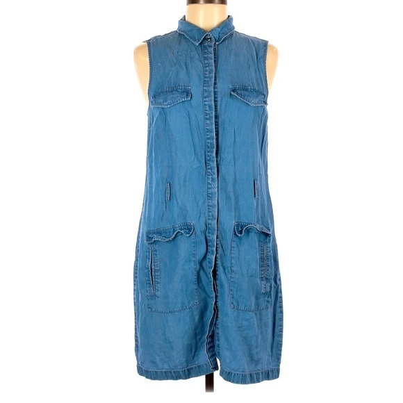 CeCe 6 blue chambray denim‎ button up sleeveless drawstring waist shirt dress - Picture 1 of 7